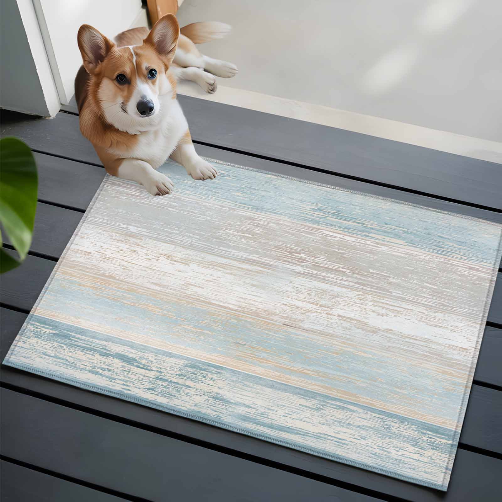 Blue Beige Farmhouse Bathroom Mat 2x3 FT, Non Slip Small Kitchen Mat, Vintage Wooden Striped Washable Soft Backed Front Door Throw Rug Non-Shedding Indoor Outdoor Doormat for Entryway Sink
