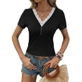 thumbnail image 3 of HUBERY Women Lace V Neck Button Decor Short Sleeve Solid Color Slim Fit Top, 3 of 7