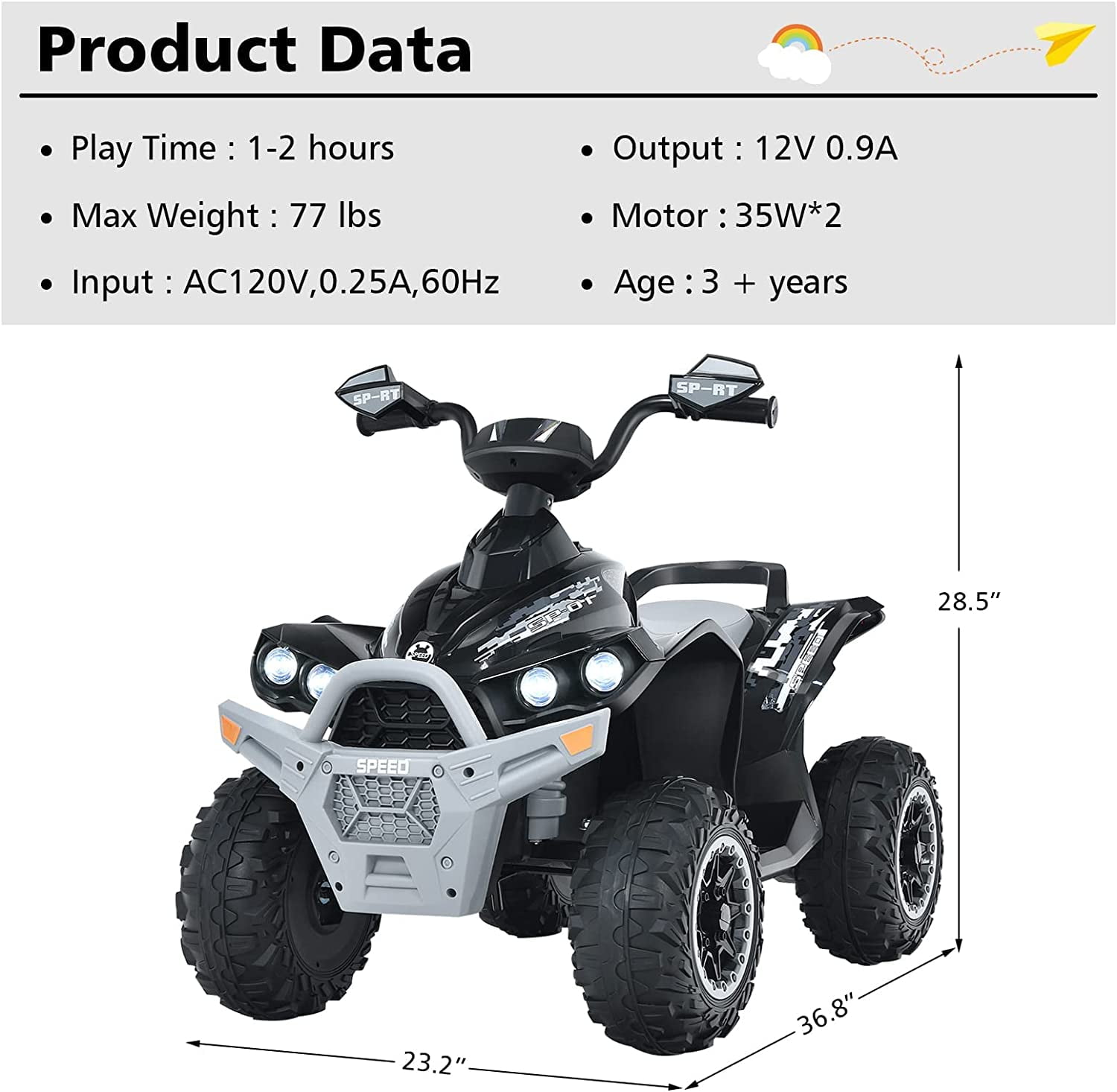 OLAKIDS Kids Ride on ATV, 12V 4 Wheeler Quad Toy Vehicle with Music, Horn, High Low Speeds, LED Lights, Electric Ride On Toy, Battery Powered Wheels Car for Children Over 3 Years Old (Black)