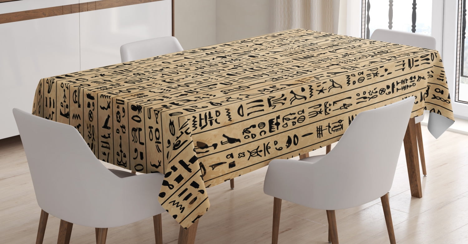 Egyptian Tablecloth, Ancient Hieroglyphs Grunge Pattern on Stripes
