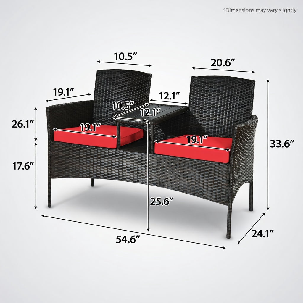 Resenkos 3 Piece Patio Conversation Bistro Set with Seat, Balcony Furniture Outdoor Rattan Patio Conversation Set with Built-in Coffee Table and Cushions for Garden Porch Yard, Red