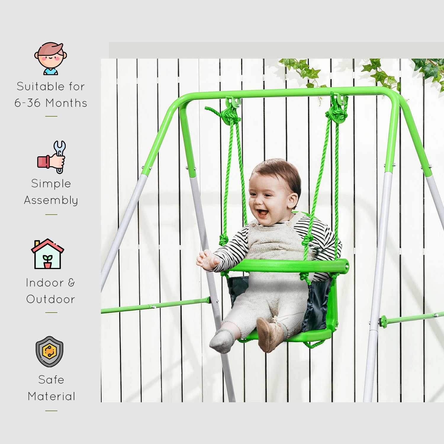 Outsunny Toddler Swing Set with Metal Stand, Safety Seat Belt, Baby Swing Set for Kids Aged 6-36 Months, Green