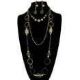 thumbnail image 3 of Drop Chain Beaded Earrings And Statement Bib Layered Big Link Gold Tone Necklace Set Pieces - Yellow Faux Pearl And Green Ladies Adult Female Women, 3 of 4