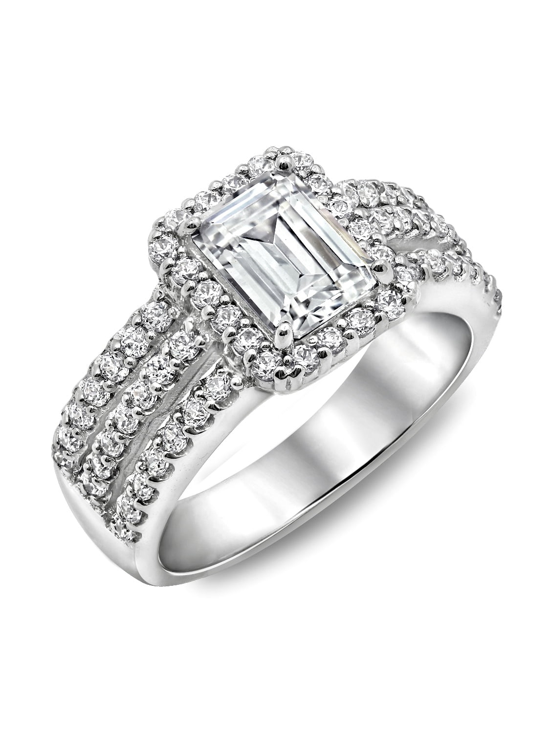 Platinum Plated Sterling Silver Cubic Zirconia Emerald Halo Stack Band