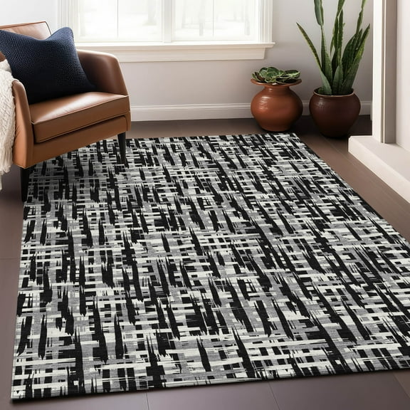 Addison Rugs Chantille Indoor/Outdoor Transitional Lines Black Washable Rectangle Rug, 10' x 14'