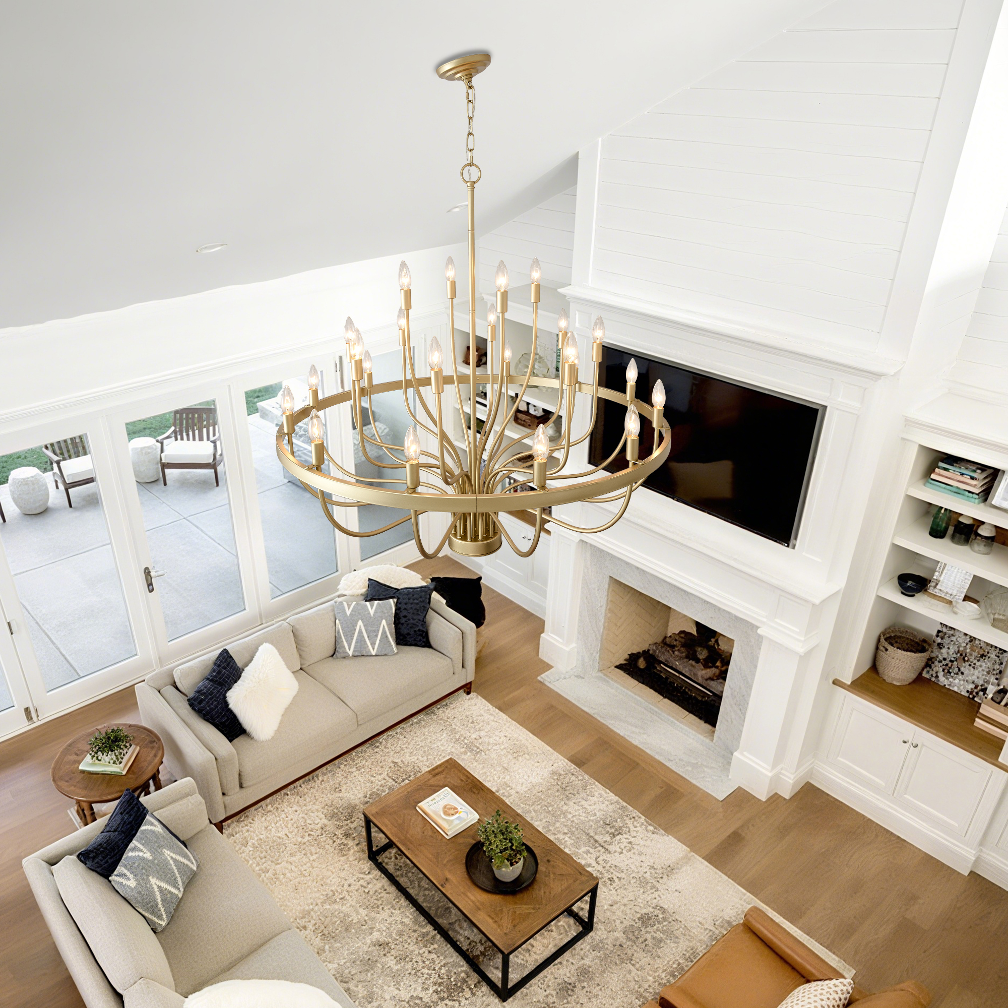 24 Lights Gold Chandelier Modern Farmhouse Pendant Lighting - Adjustable Height Antique Brass Ceiling Light for Dining Room, Foyer, Entryway, Living Room