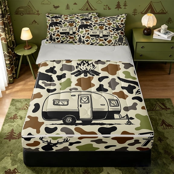 catabedysis Camo Camping Zipper Twin Comforter Sets with Fitted Sheet and 2 Pillowcases,Wildlife Camper Pattern Zipper Bedding Set For Boys,Earthy Tone,Light Gray Reversible,4 Pieces