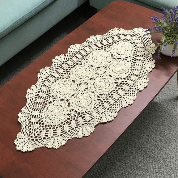 Cotton Handmade Crochet Table Runner Lace Doilies Doily Oval Dresser Scarves, 16 by 24 Inches (Beige, 1 Pack)