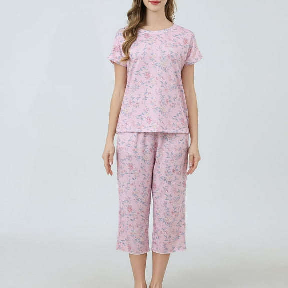 Wancir Women's Sleepwear Capri Pajama Sets Short Sleeve Two-Piece Pjs V Neck Tops & Capri Pants S-2XL