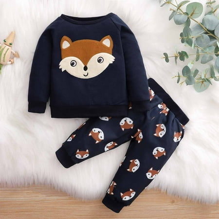 

Augper Baby Girl Clothes Long Sleeve Fall Winter Clearance Infant Toddler Baby Boys Sweatshirt Set Animal Print Long Sleeve Top Trousers Two Piece Set Dark Blue