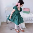 thumbnail image 4 of Filles' Style Coréen Carré Cou Manches à Bulles Doux Robe Avancée Vert, 4 of 11