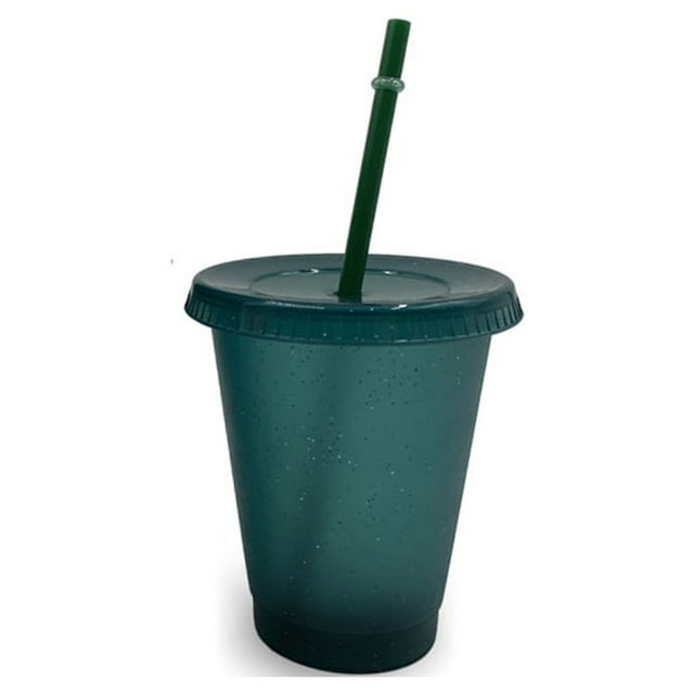 Yuarrent Taza para beber con tapa y pajita, botella de plástico PP para botella reutilizable para bebidas frías, café, jugo, batido Mostrada Verde oscuro 480ml