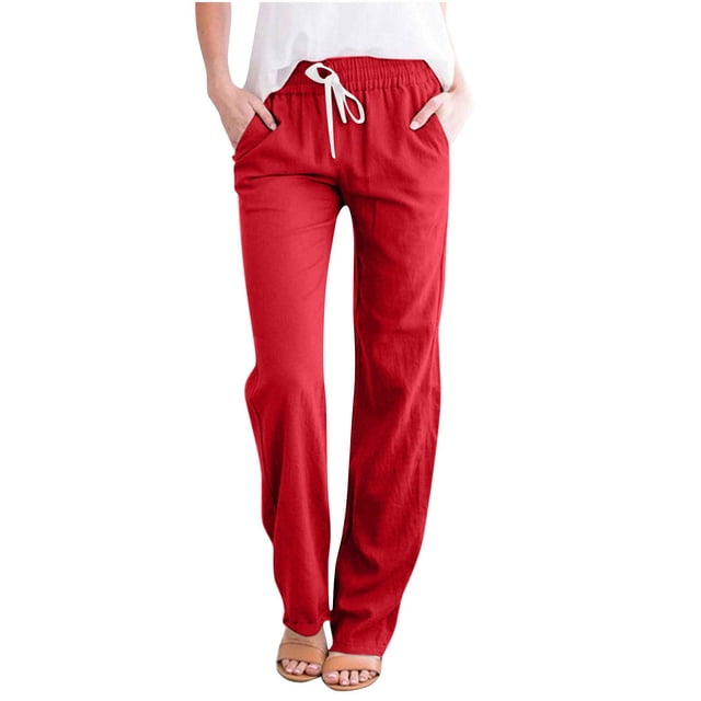 Cameland On Plus Size Pants,Women Cotton and Linen Solid Drawstring Elastic Waist Long Straight Pants