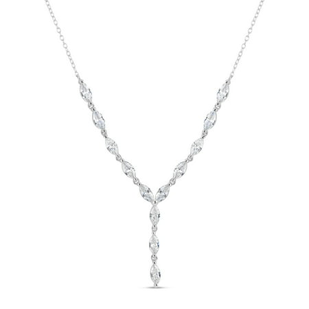 Marquise White Cubic Zirconia Sterling Silver Rhodium Plated Y Necklace, 20