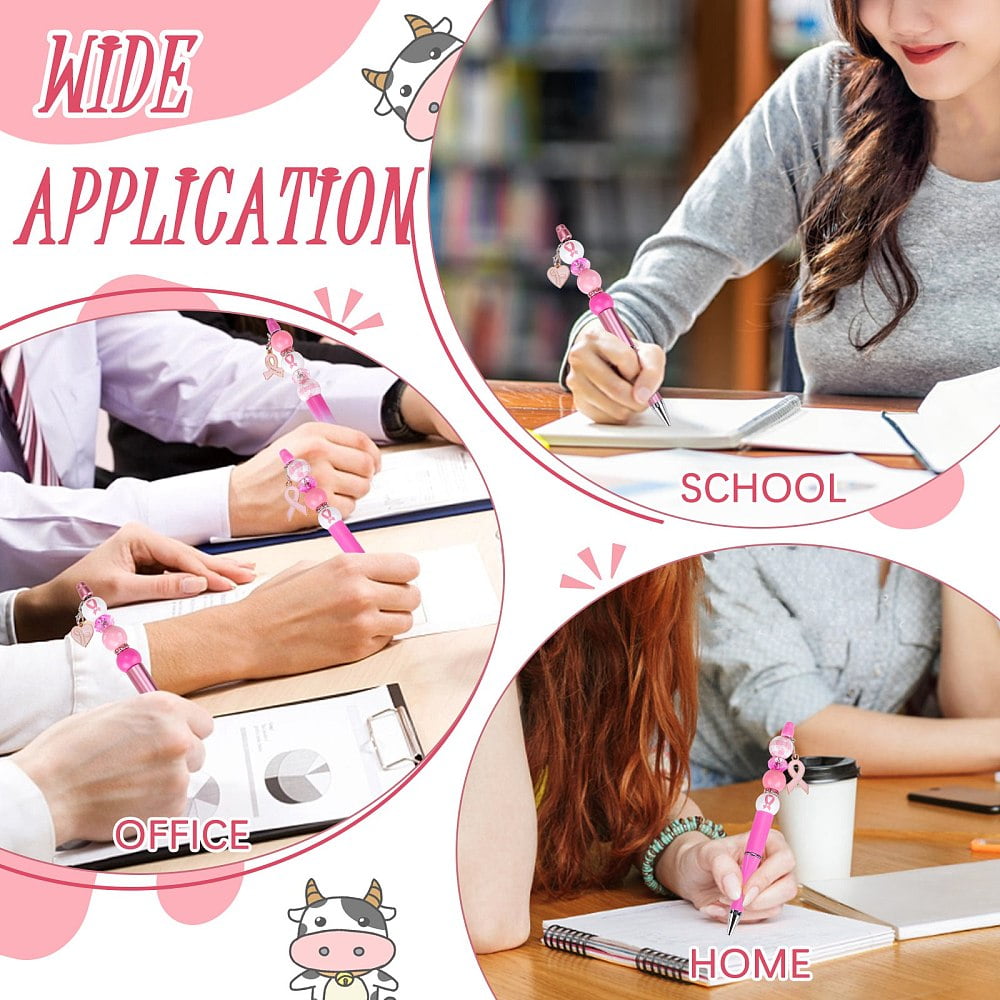 DIY Breast Cancer Awareness Theme Beadable Pen Making Kit Including Alloy Enamel Ribbon Pendant Wood & Glass European Beads ABS Plastic Ball-Point Pen Pink 162pcs/box