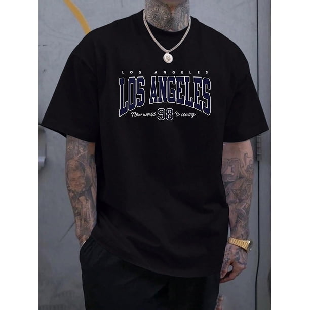 Camiseta informal de cuello redondo con estampado de Los Ángeles para hombre, de algodón elástico y transpirable, ideal para el verano. y para el tiempo libre.