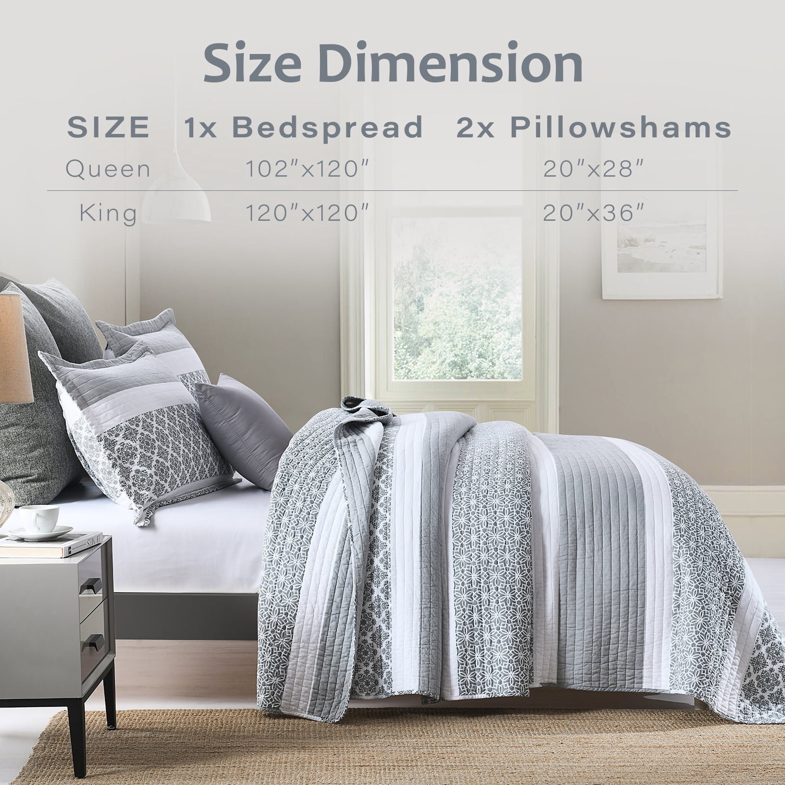 DUOHONG Queen Quilt Set 100% Cotton Farmhouse Lightweight Bedding Set, Bluish Gray/White, 90"W x 98"L