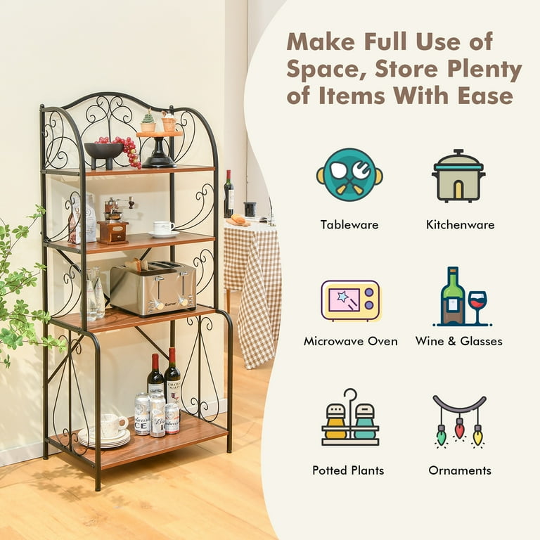 Costway 4 Tier Kitchen Bakers Rack Microwave Storage Rack Brown