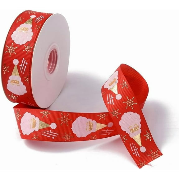 25 Yards 1 Inch Santa Wired Ribbon Red and Gold Christmas Printed Ribbon Polyester Satin Snowflake Print Ribbons Bulk with Spool