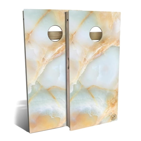 Skip s Garage Green and Gold Marble Solid Wood Cornhole Board Set