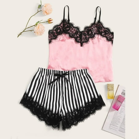 

JNGSA Women V-Neck Lace Satin Striped Camisole Pajamas Sleepwear Bowknot Shorts Set Womens Pajamas Modest Swimsuits For Women Clearance