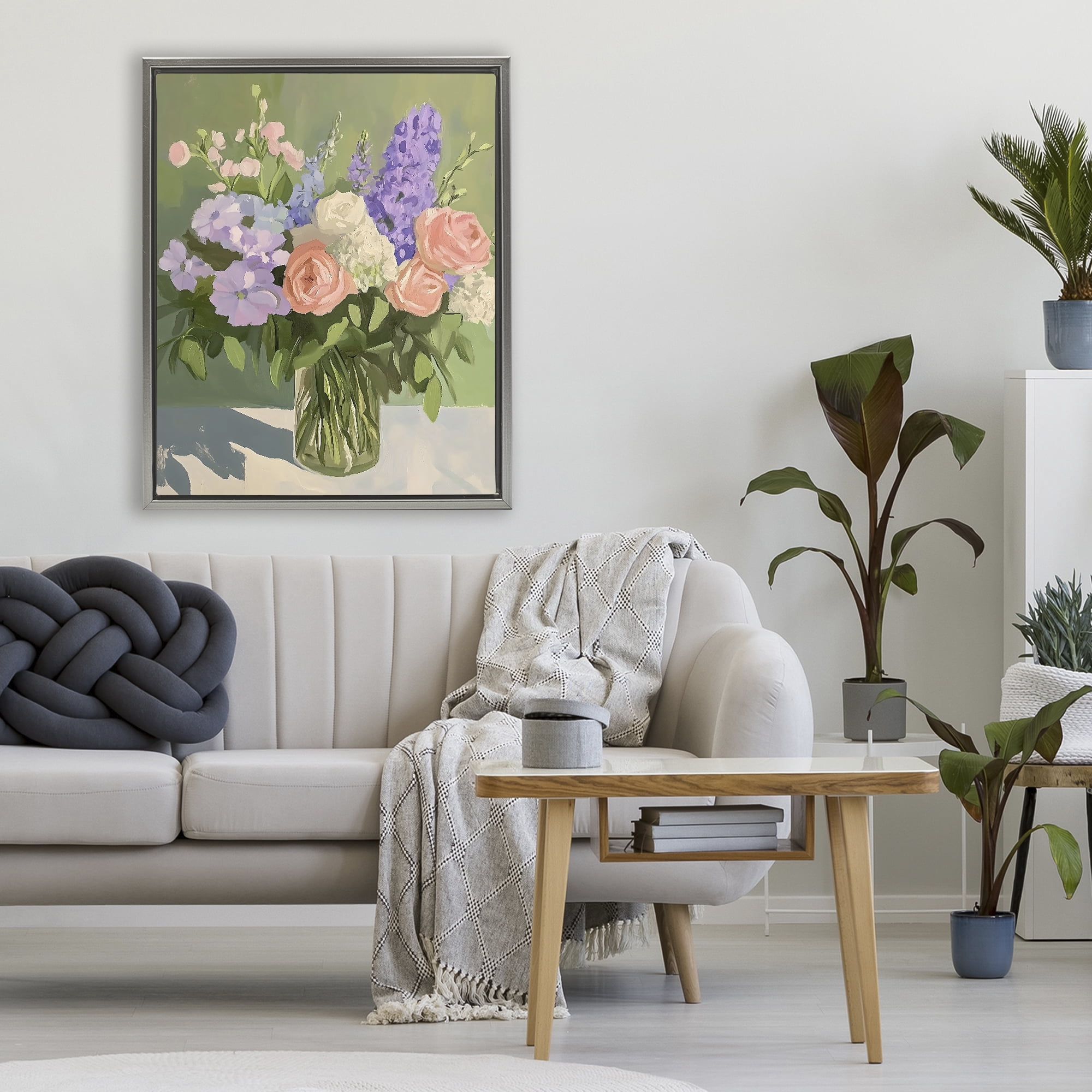 Stupell Industries Mixed Roses & Lilacs Bouquet Gray Framed Floater Canvas Wall Art, design by The Prints Vibe