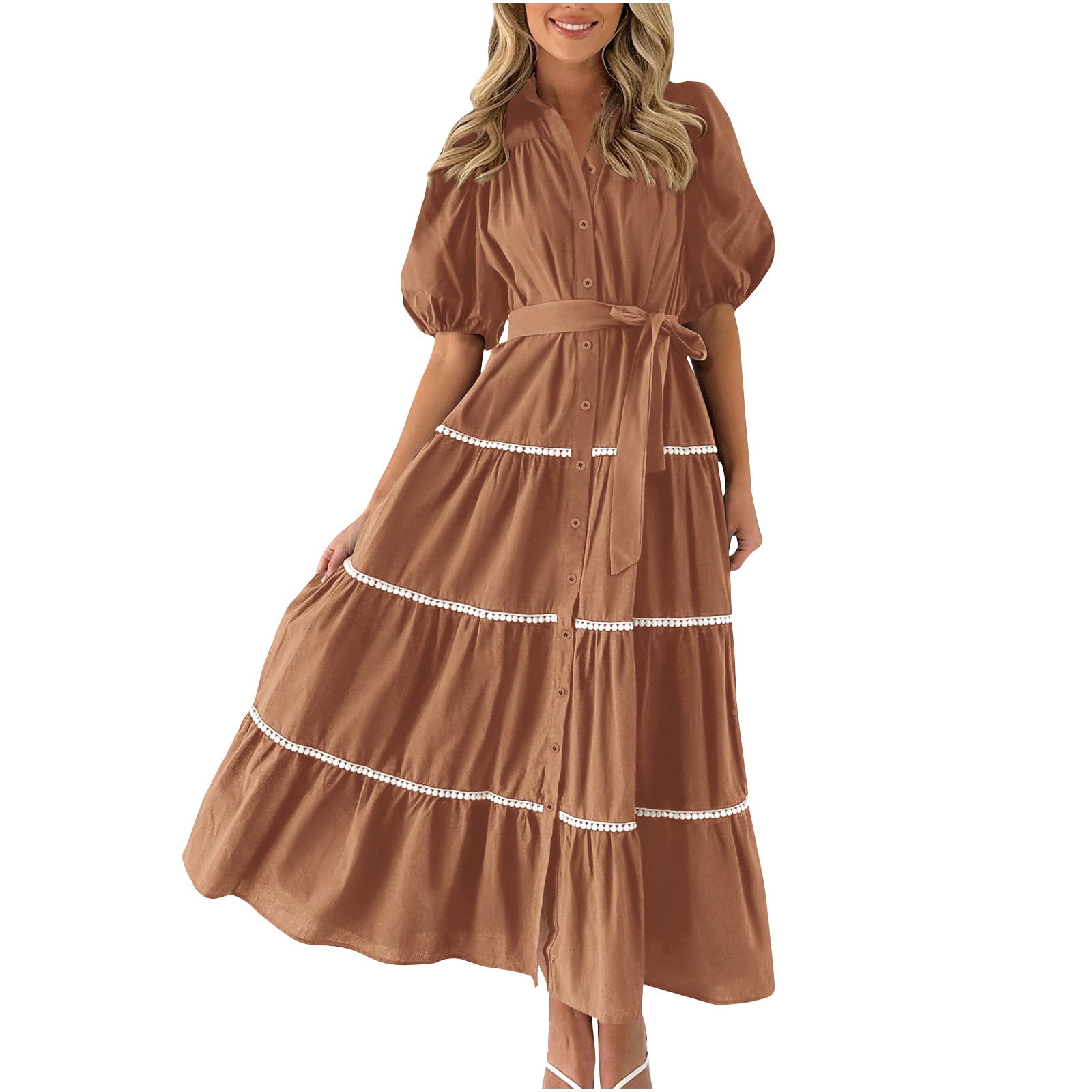AherBiu Boho Dresses for Women 1 2 Sleeve Tiered Ruffle Flowy Button Down Shirt Maxi Dress with Belt Walmart