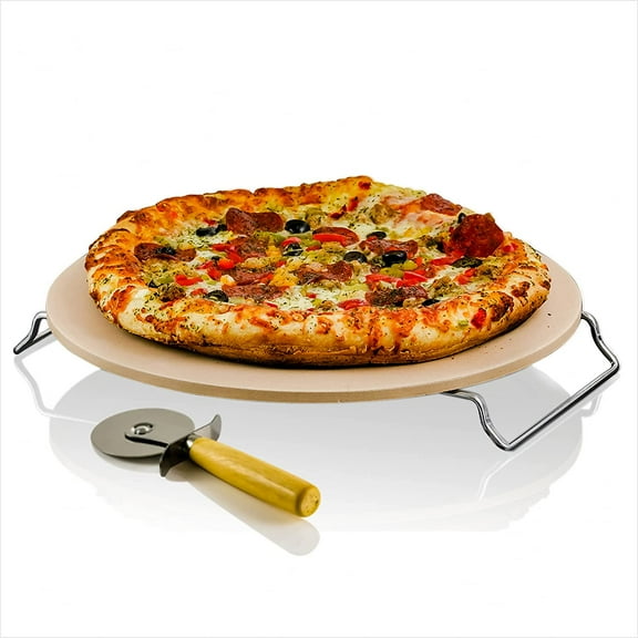 OVENTE Ceramic Flat 13 inch Pizza Stone Set with Crust Cutter Wheel & Metal Rack/Handle, Thermal Shock Resistance, Beige BW10132