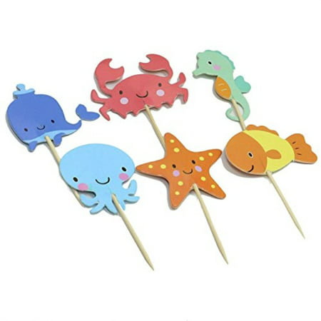 Huele Ocean Sea Animal Creature Fish Starfish Whale Octopus Crab Sea Horse Cake Cupcake Topper Picks For Party Decorations Pack