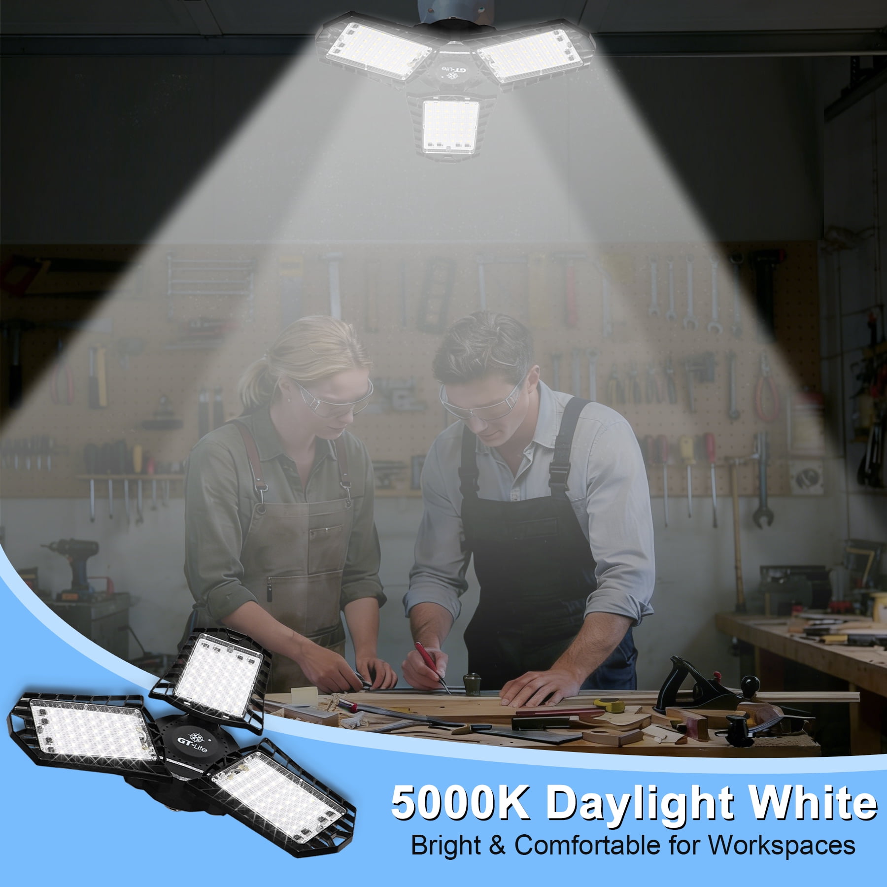 GT Lite LED Garage Light 90-Watt 10,000 Lumen, Adjustable 3-Panel Bulb, 5000K Daylight, E26, 1pack
