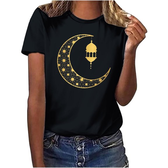 Penkiiy Muslim Ramadan T-Shirt for Women Women's Cute Graphic T-Shirts Crewneck Short Sleeve Moon PrintCasual Tee Tops 3XL Black