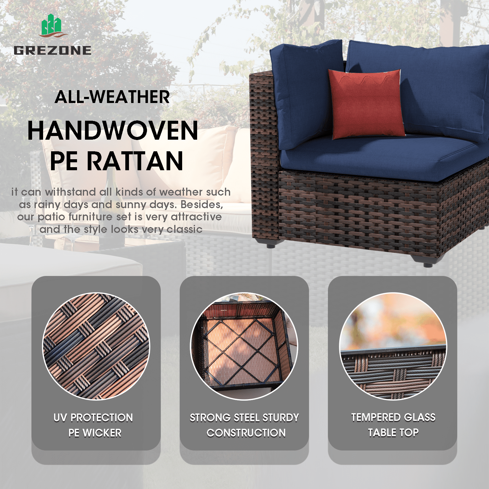 Grezone 15 Pieces Patio Furniture Set with Fire Pit Table, All Weather Outdoor Sectional PE Rattan, Patio Conversation Sets Cushions & Black-glass Coffee Table, Blue