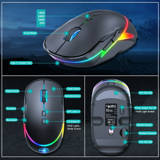 Wireless Gaming Mouse, 2.4G Wireless Rechargeable PC Computer Mouse with 7 Buttons, 3 Adjustable Levels DPI Up to 2400DPI, 7 Lights, Ergonomic Optical Mice for Notebook, PC, Computer, Mac - Walmart.com