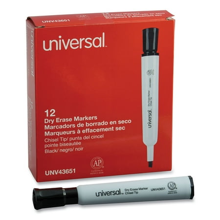 Universal Dry Erase Marker, Chisel Tip, Black, Dozen -UNV43651, Non washable