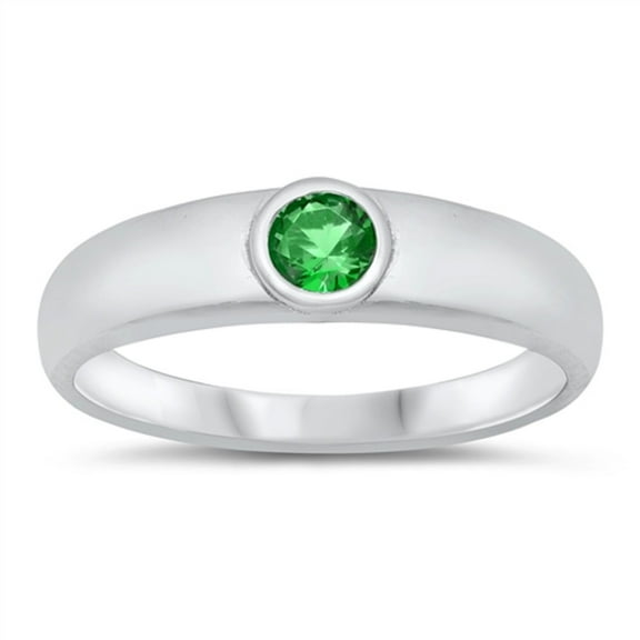 Bezel Set Simulated Emerald CZ Round Plain Ring Sterling Silver Size 6