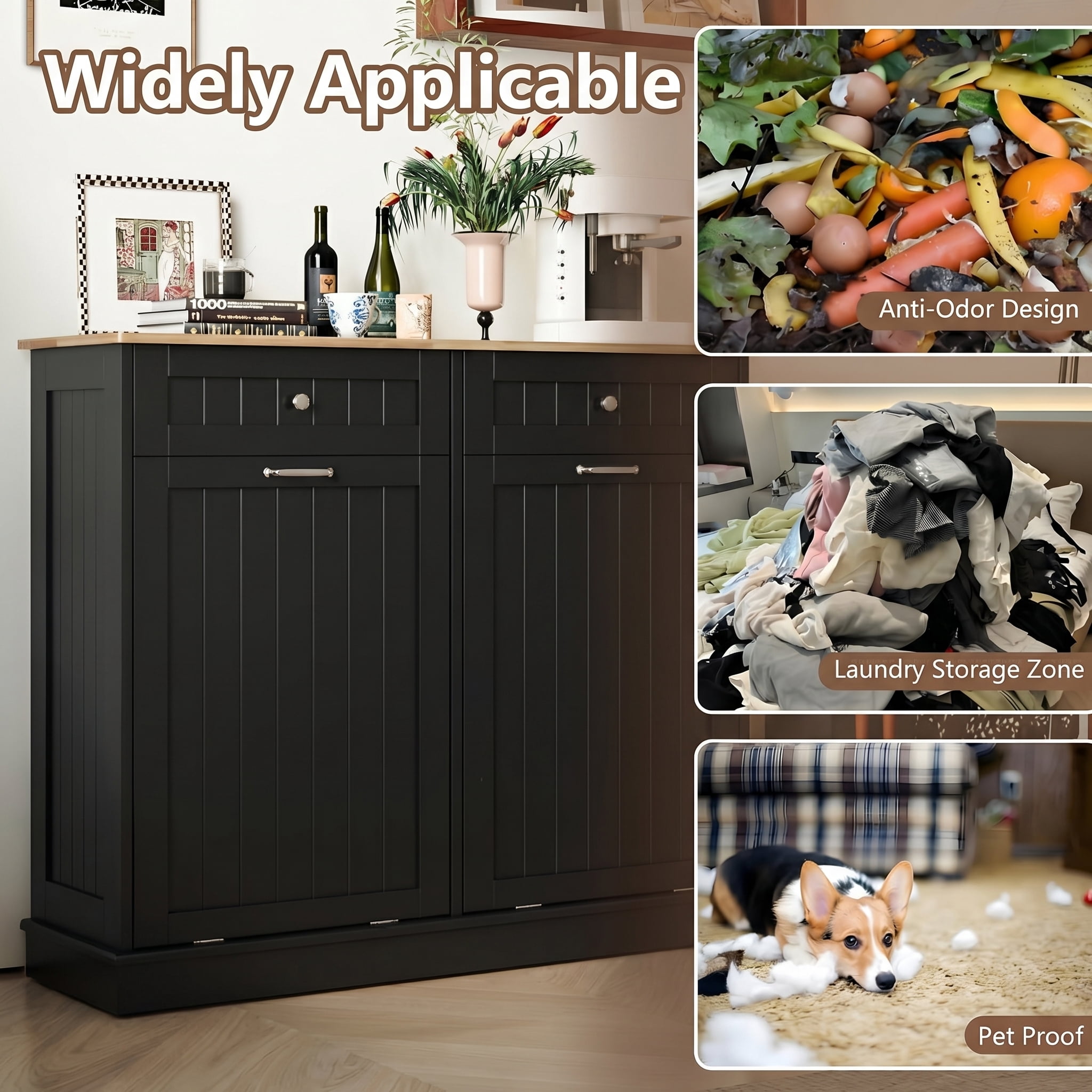 AHB 13 Gallon Single Tilt Out Trash Cabinet with Drawer and Handle, Kitchen Trash Can Storage Organizer, 39.4"L x 14"W x 38.3"H, Black