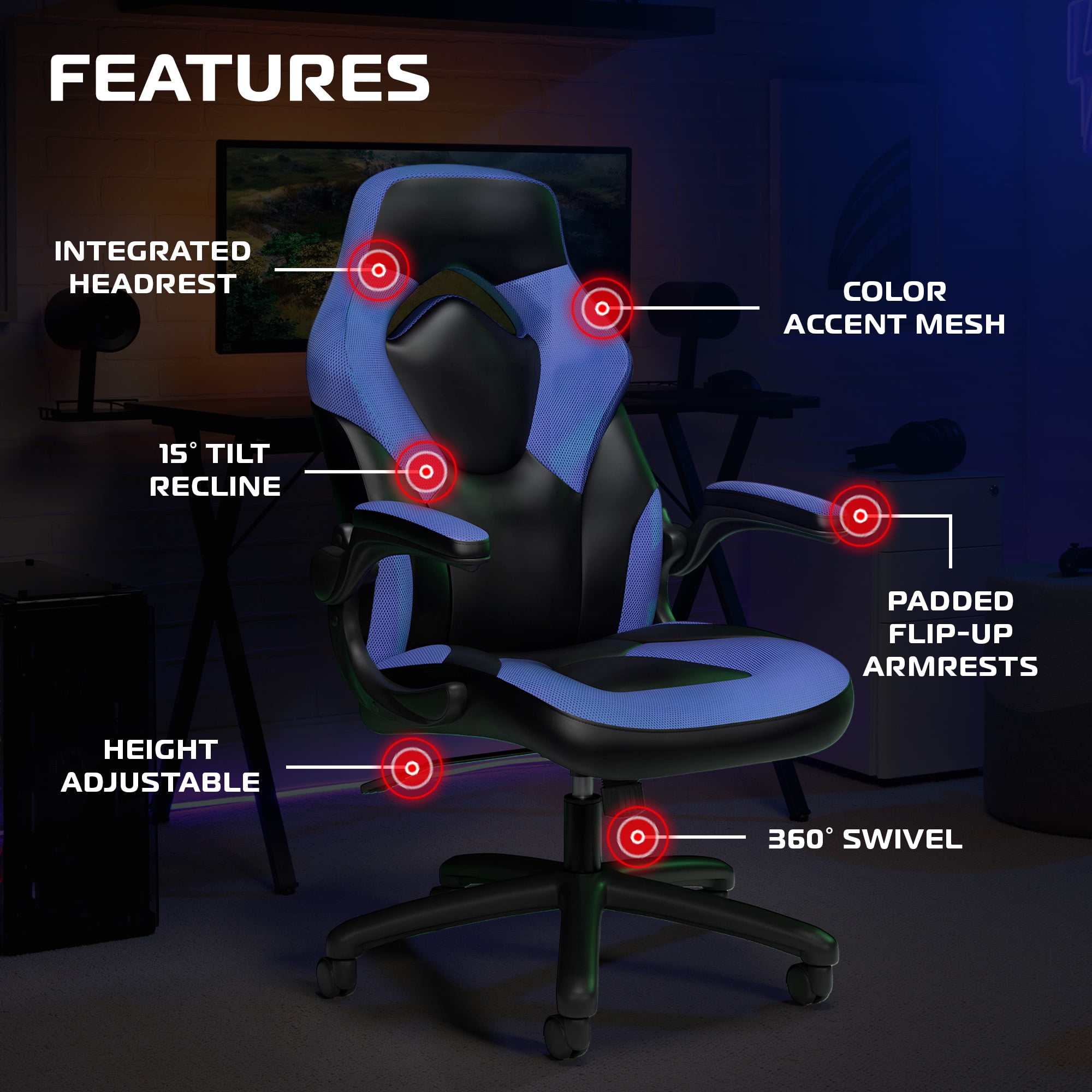 RESPAWN 3085 Ergonomic Gaming Chair for Adults, High Back Office Chair with Headrest and Flip Up Arms, Leather Racing Style Gaming Seat with Lumbar Support, Video Game Computer Desk Seat - Blue