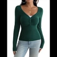 thumbnail image 3 of Camisa de Larga para Mujer, Cuello en V, Botones, Punto Acanalado, Corte Entallado, Informal, Básica, para y Otoño Verde M, 3 of 9