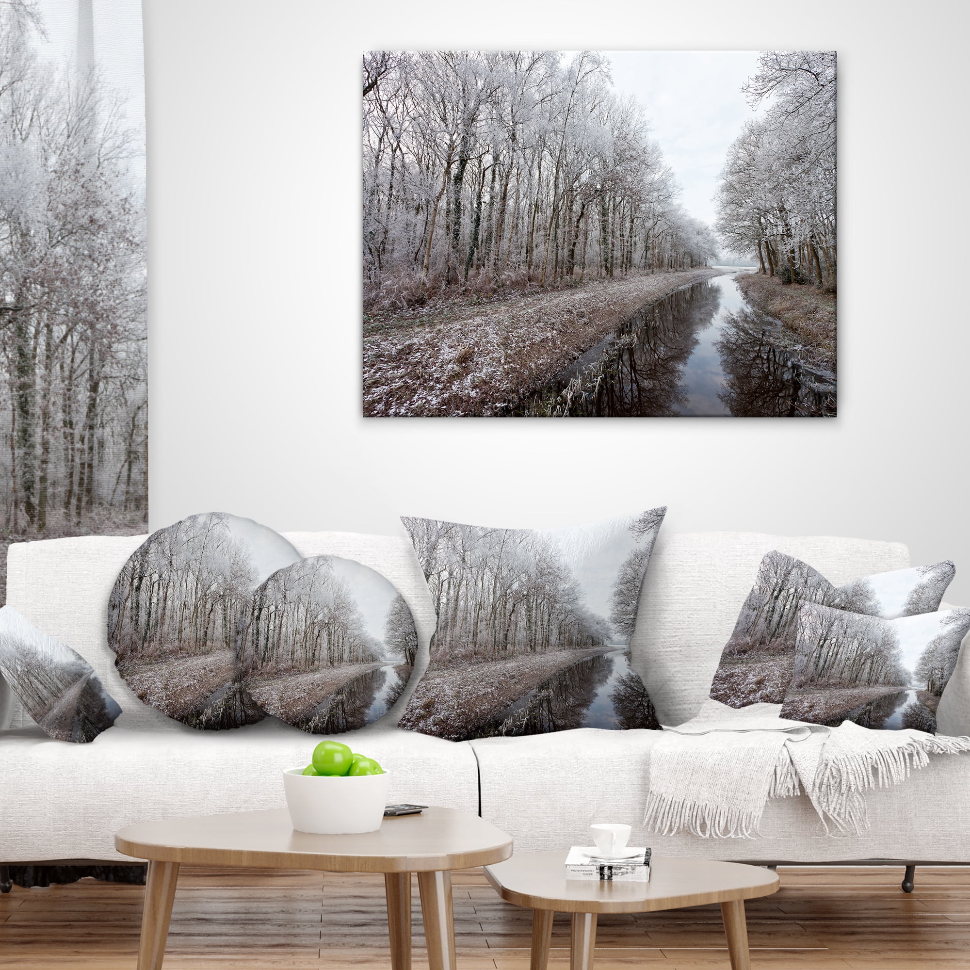 Designart Trees in White Winter Landscape - Landscape Printed Throw Pillow - 18x18