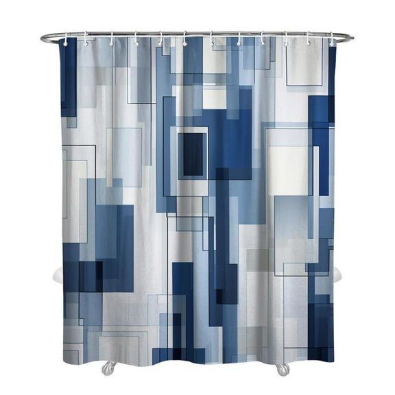 Navy Blue Fabric Shower Curtain - Geometric Shower Curtain Set with 12 Plastic Hooks, Water Repellent, Machine Washable, Modern Decorative Polyester Cloth Shower Curtains for Bathroom - 72x84