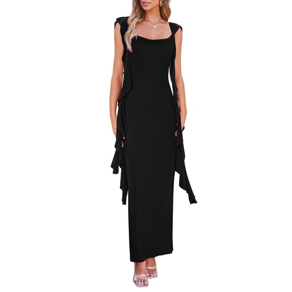 Vestido PRETTYGARDEN 2025 Verano Sin Mangas con Volantes Negro Talle S