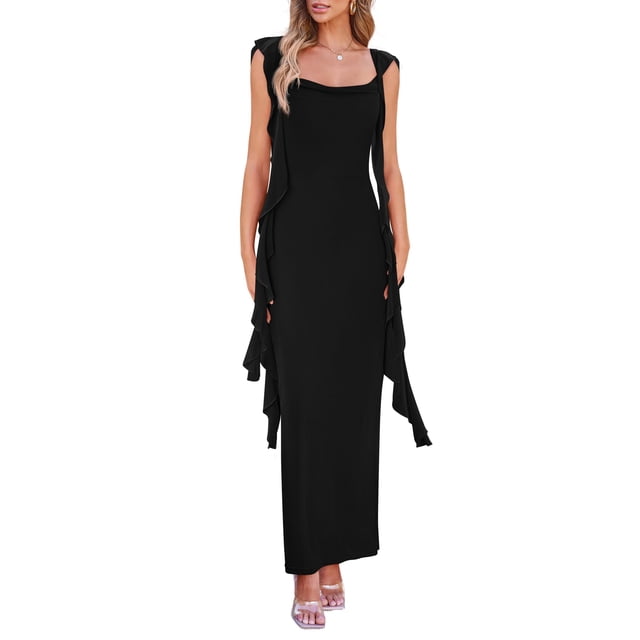 Vestido PRETTYGARDEN 2025 Verano Sin Mangas con Volantes Negro Talle S