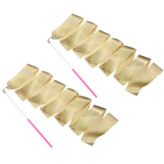 Uxcell 2 Pcs Dance Ribbons, 78.7 Inch Sparkly Gymnastics Ribbon Streamers with Pink Wand for Gymnastics Artistic, Gold