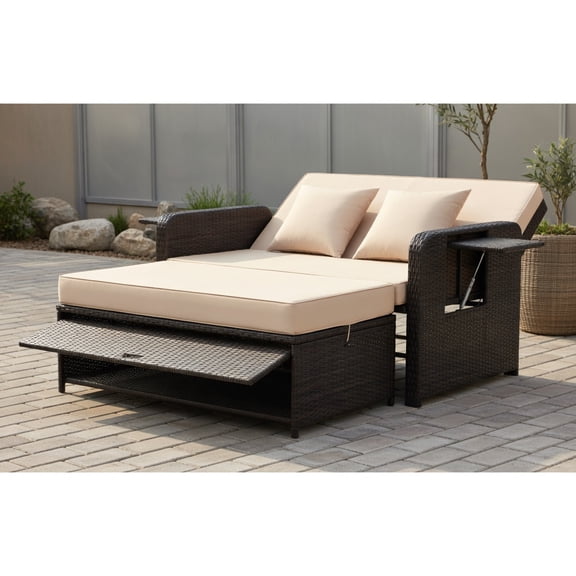 Topcobee Patio Rattan Daybed with 4-Level Adjustable Backrest and Retractable Side Tray, Double Couch, Sleeper Sofa Bed, Patio Sofa Bed for Balcony Garden Lawn-Brown