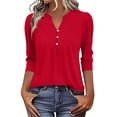 thumbnail image 2 of ClodeEU Womens Henley V-Neck 3/4 Length Sleeve Tops,Casual Summer Pleated T-Shirts ,Loose Fit Work Blouses Red,Womens Plus M, 2 of 5