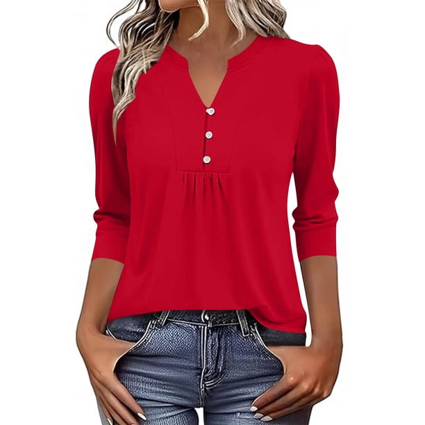 Tops de Color Sólido para las Mujeres Casual Tres Cuartos de Manga Cuello en V Suelta Camiseta Top Blusas para Uso Diario Y de Fiesta