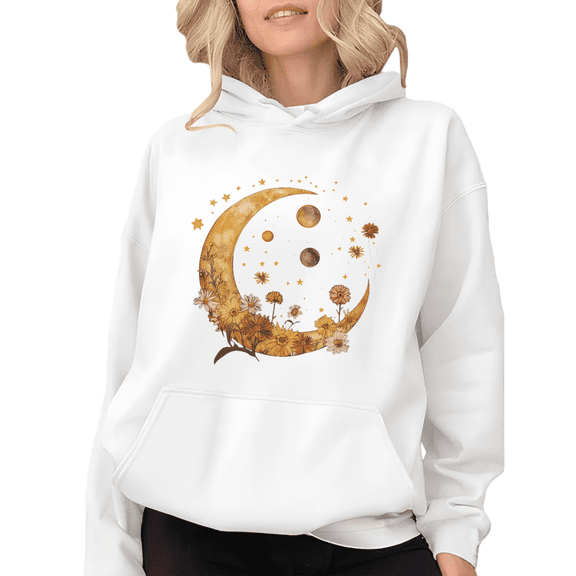White Moon Floral Celestial Graphic Sweatshirt Print hoodie womans S-2XL Loose Tops