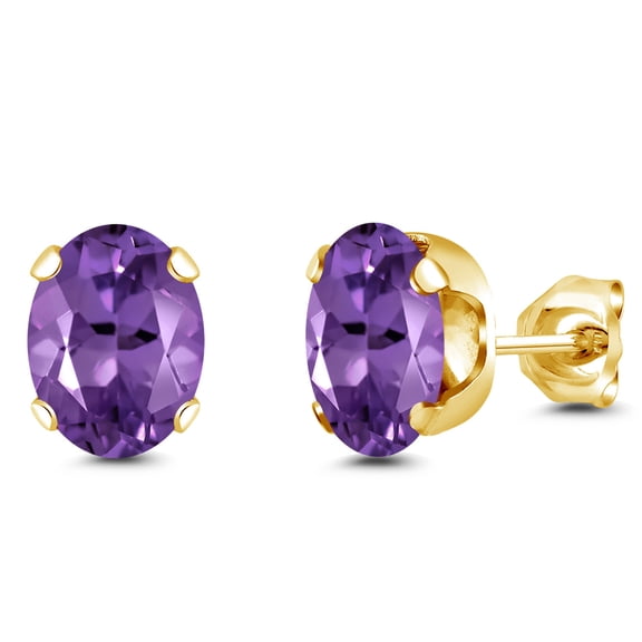Gem Stone King 18K Yellow Gold Plated Silver Purple Amethyst Stud Earrings for Women Men | 2.30 Cttw | Gemstone February Birthstone | Oval 8X6MM