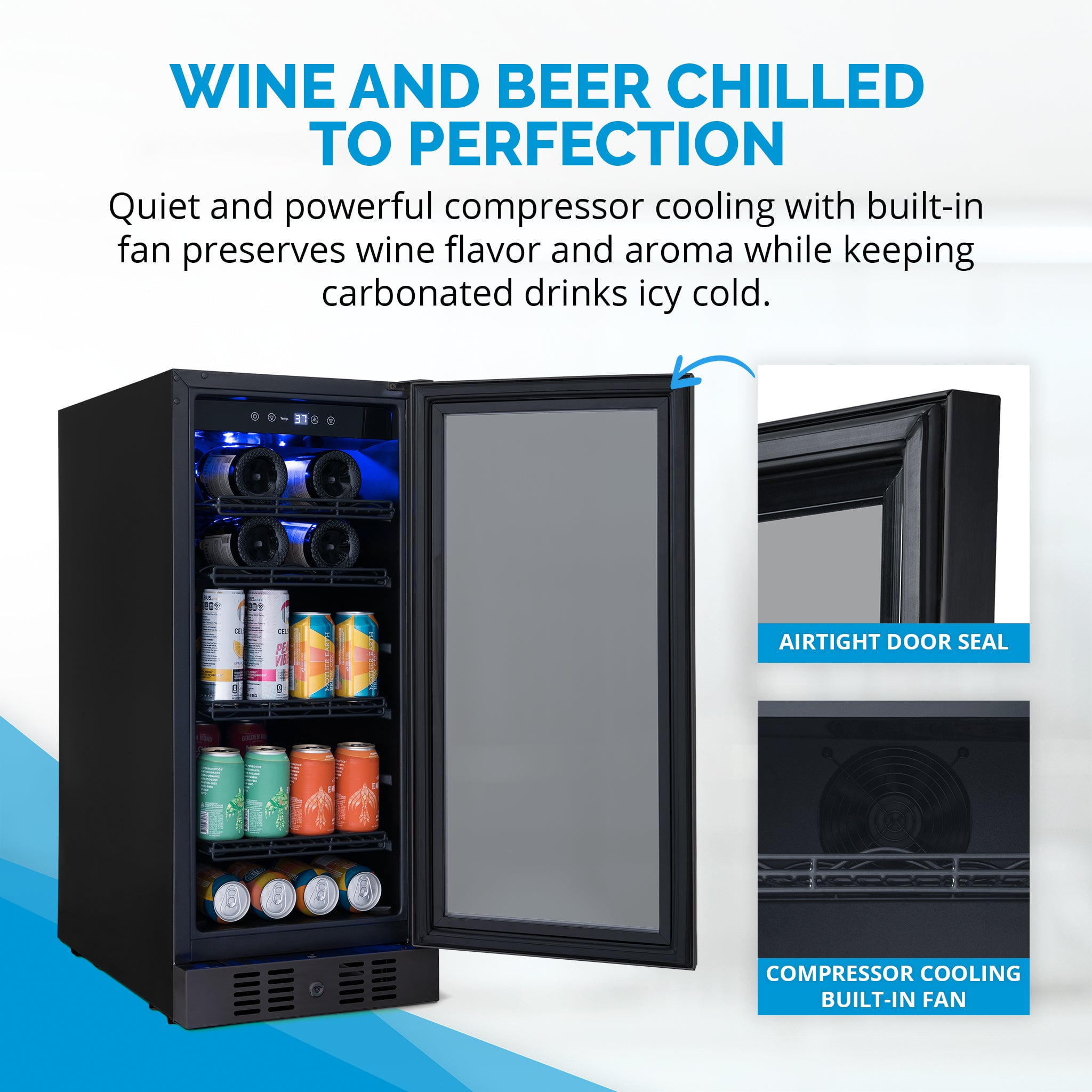 Newair 15" Wine & Beverage Refrigerator, Hold 80 Cans or 33 Bottles, Black
