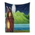thumbnail image 1 of Log Cabin Soft Flannel Fleece Throw Blanket, Countryside Theme Image of a Rustic Cabin near Freshwater River at Night, Cozy Plush for Indoor and Outdoor Use, 60" x 80", Multicolor, by Ambesonne, 1 of 6